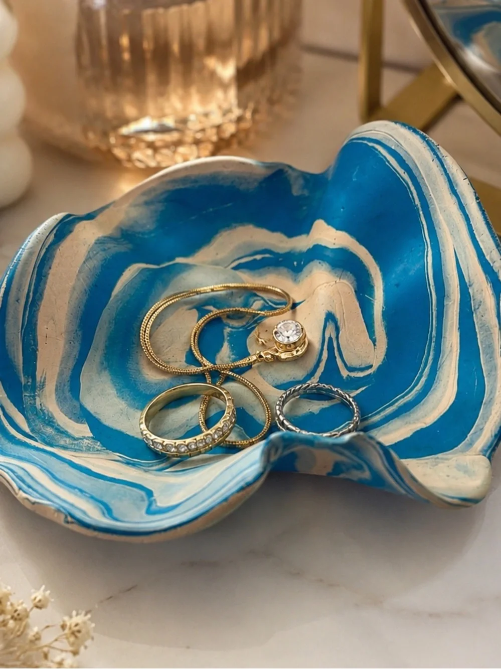 Handmade Blue & Cream Marbled Polymer Clay Trinket Dish – 6” Catch All Tray